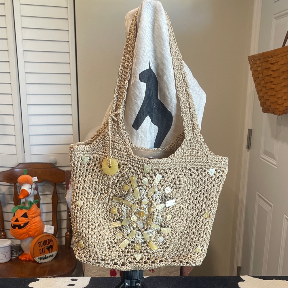 The Sak Tan Crochet Tote with Embellishments